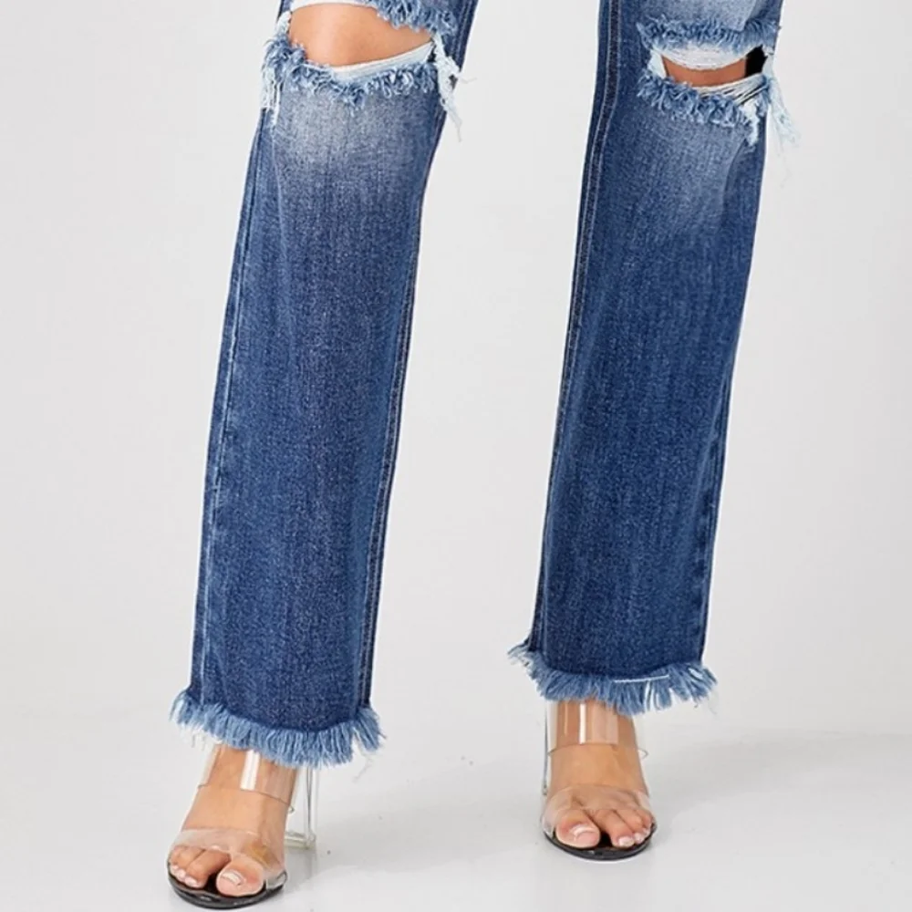 RISEN Torn High-Rise Distressed Jeans Retro Straight Leg Classic Denim Pants_9